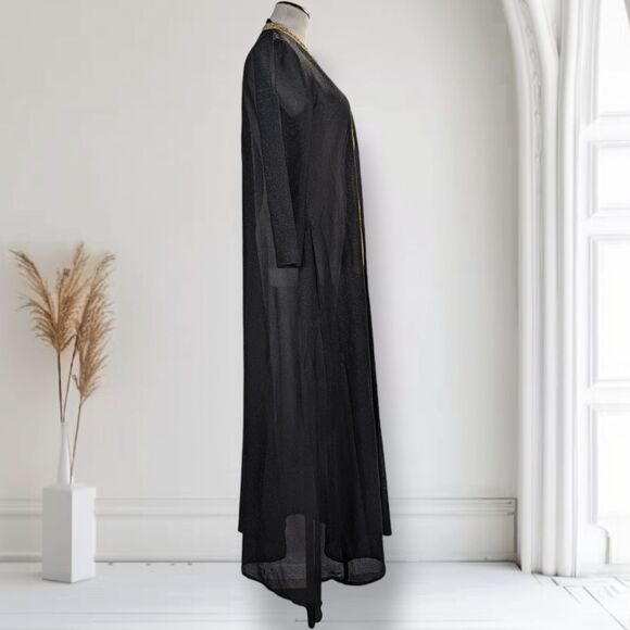 Vintage 70s Black Sheer Sparkle Caftan Size L Gold Braid Trim Zip Maxi Roper - Picture 4 of 16
